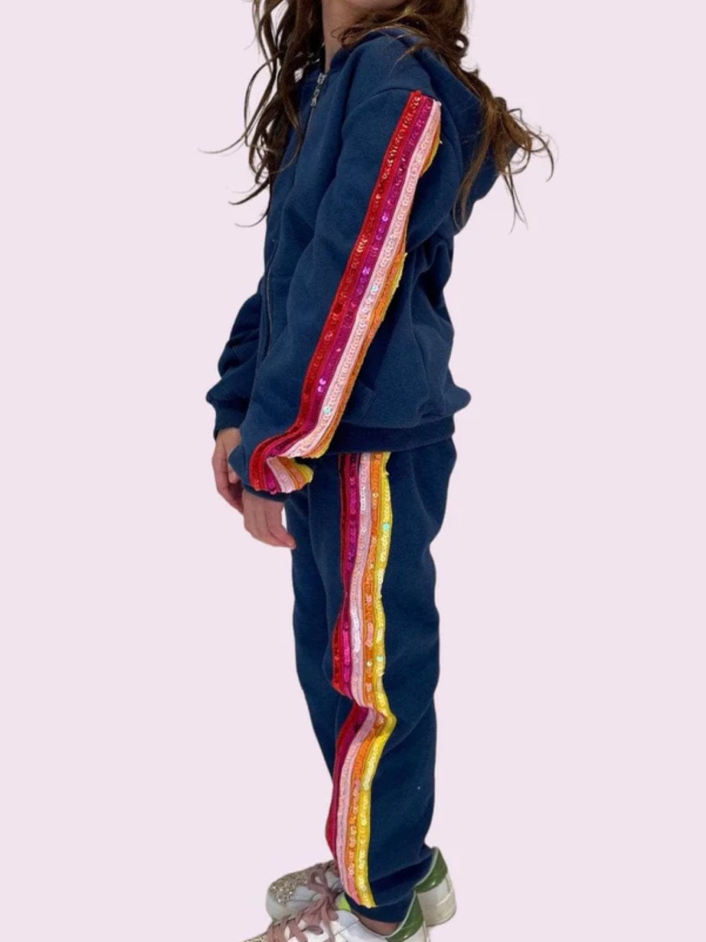Lola + The Boys Navy Rainbow Sequin Hoodie Jogger Set | Size 12 | EUC